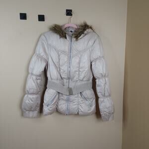 H&M DIVIDED Hooded Belted Puffer Jacket in Cream Size 10